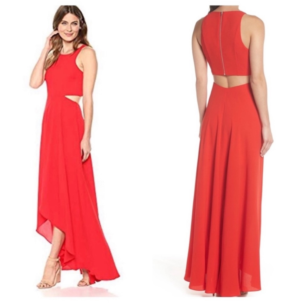 Ali and Jay high low red gown
